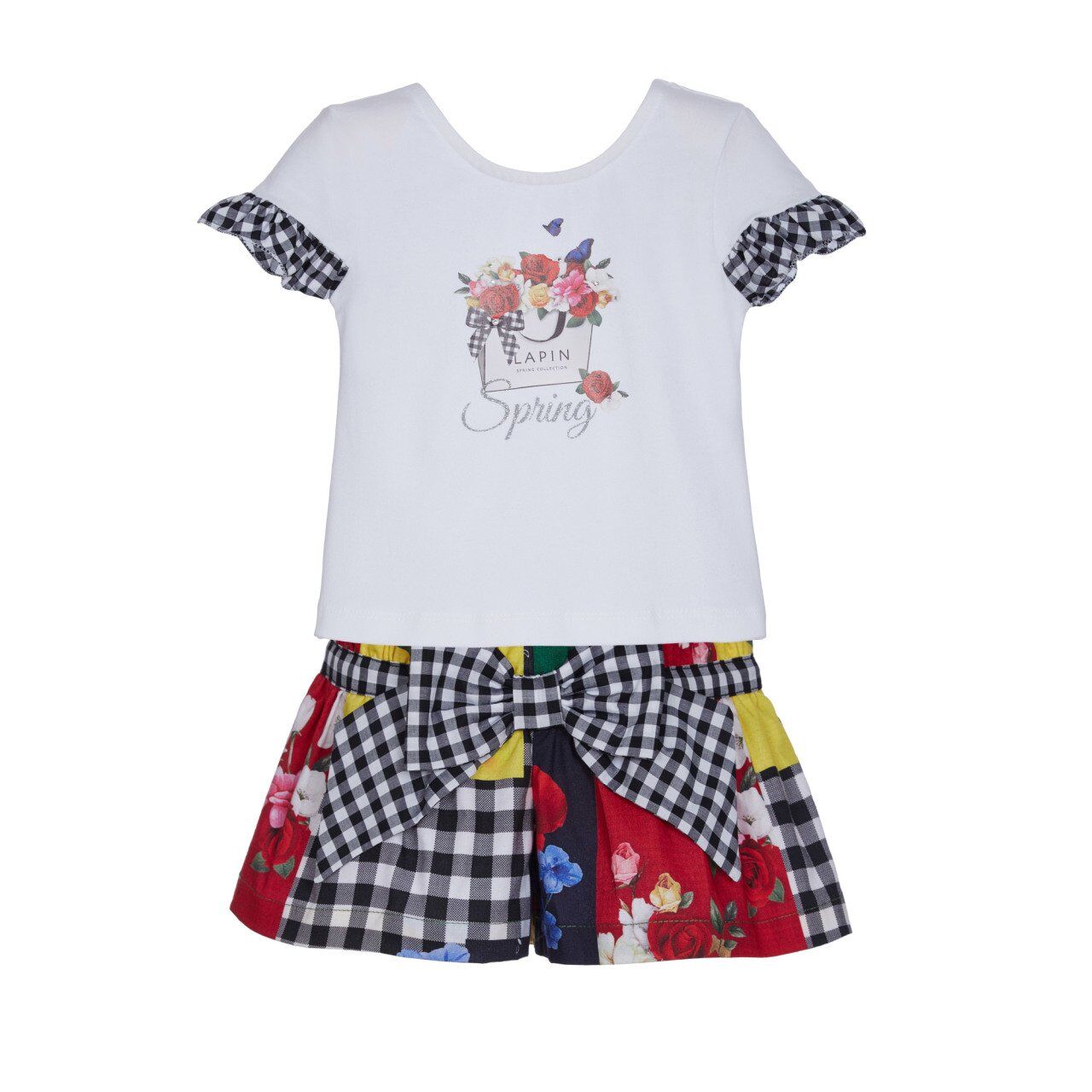 Fiyonklu Patchwork 2li Kız Çocuk T-shirt Şort Set