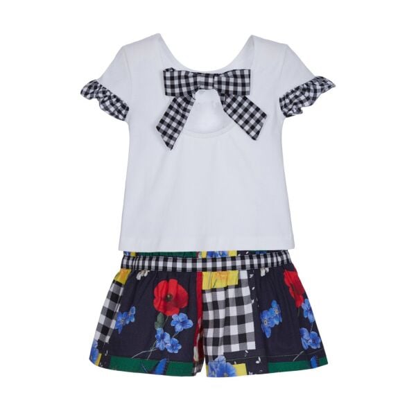 Fiyonklu Patchwork 2li Kız Çocuk T-shirt Şort Set