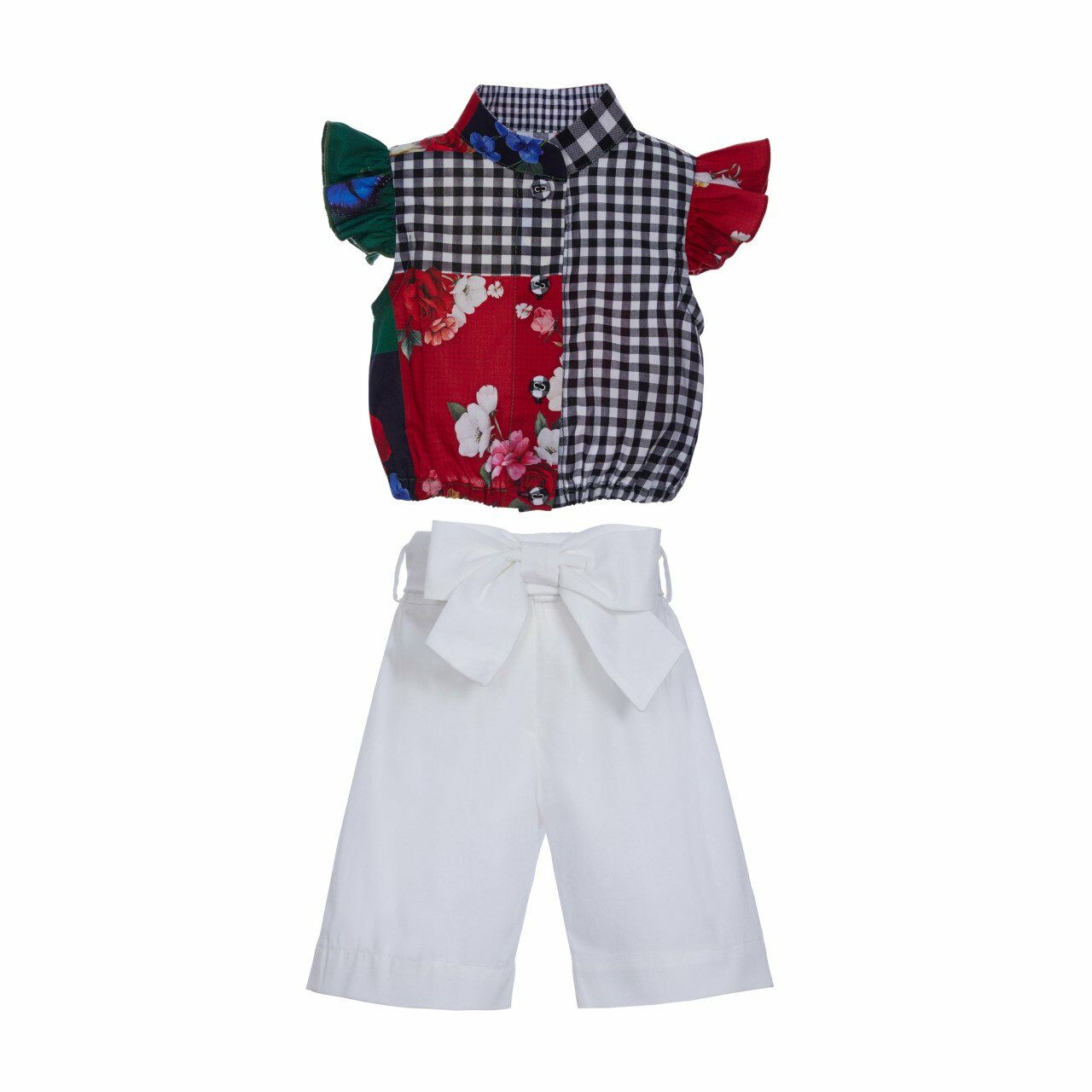 Colorblock Fiyonklu 2li Kız Çocuk Bluz Pantolon Set