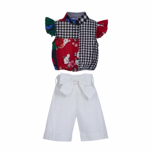 Colorblock Fiyonklu 2li Kız Çocuk Bluz Pantolon Set