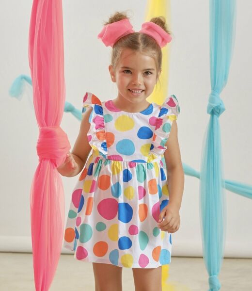 Renkli Puantiyeli Sırt Dekolteli Kız Çocuk Elbise