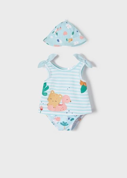 3'lü Kız Bebek Mavi Mayo - Şapka - Bluz Set