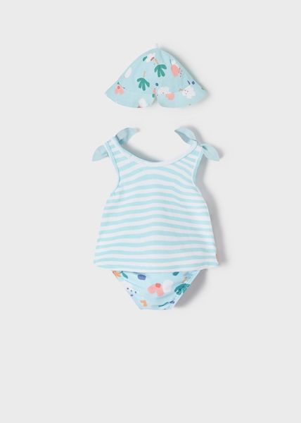 3'lü Kız Bebek Mavi Mayo - Şapka - Bluz Set