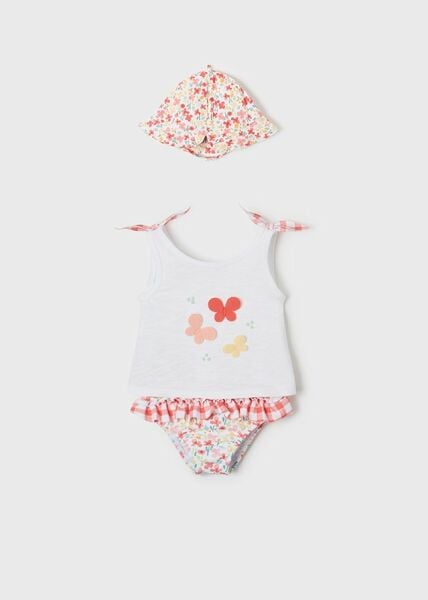 3'lü Kız Bebek Mayo-Şapka-Bluz Set