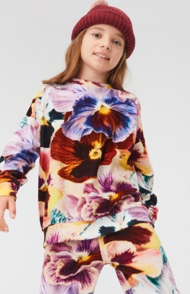 Çiçek Desenli Kadife Kız Çocuk Sweatshirt