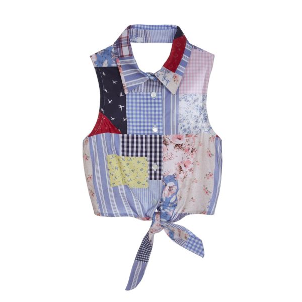 Sırt Dekolteli Patchwork Kız Çocuk Gömlek
